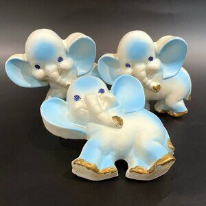Favor Inc. Chalkware Elephants Wall Hanging Plaques Set of 3 Blue Gold Vintage